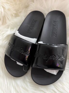 Victoria's Secret PINK Black Patent Slide Sandals